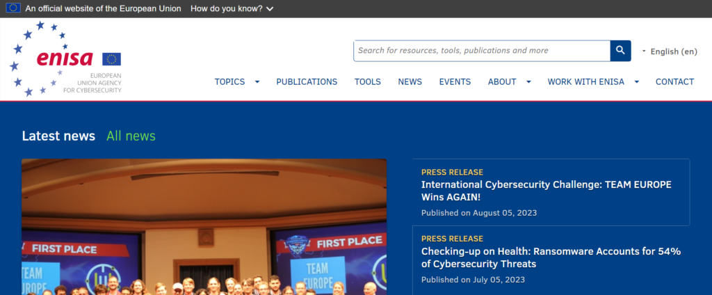A screenshot of the site enisa.europa.eu, the European agency for cybersecurity